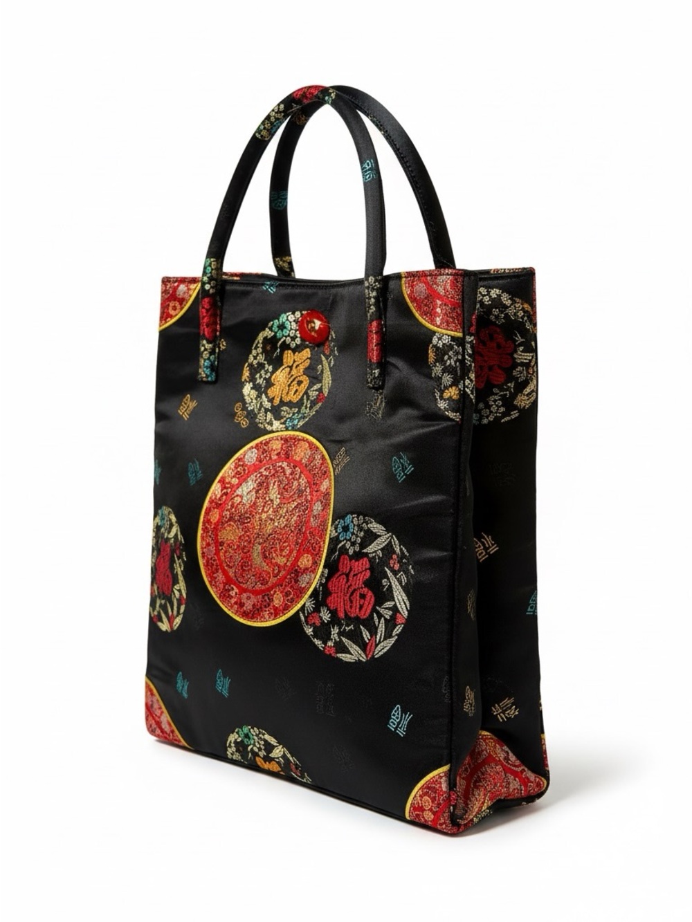 Chinese Brocade Tote Bag Black Red Gold Good Fortune Symbol Unbranded